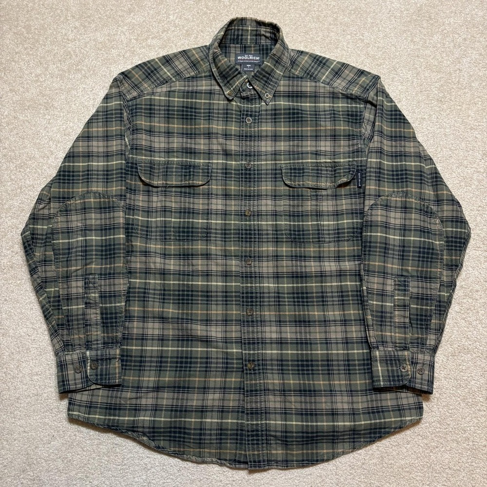 Woolrich Shirt Mens Large Green Plaid Button‎ Front Long Sleeve Outdoor Hiking